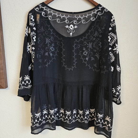Free People Sheer Black Babydoll Shirt with White Embroidery L - Picture 7 of 7